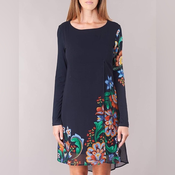 Desigual Dresses & Skirts - Desigual Siena Navy Long Sleeved Shift Dress Florals Knee Length Sz L